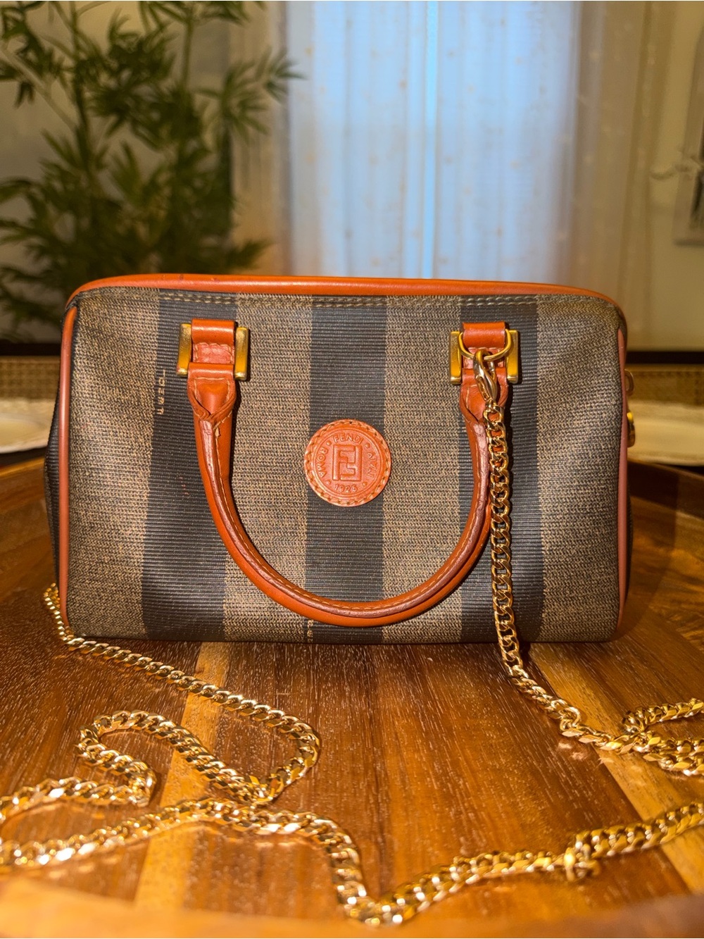 Fendi Brown Striped Shoulder Bag with Tan Leather Trim